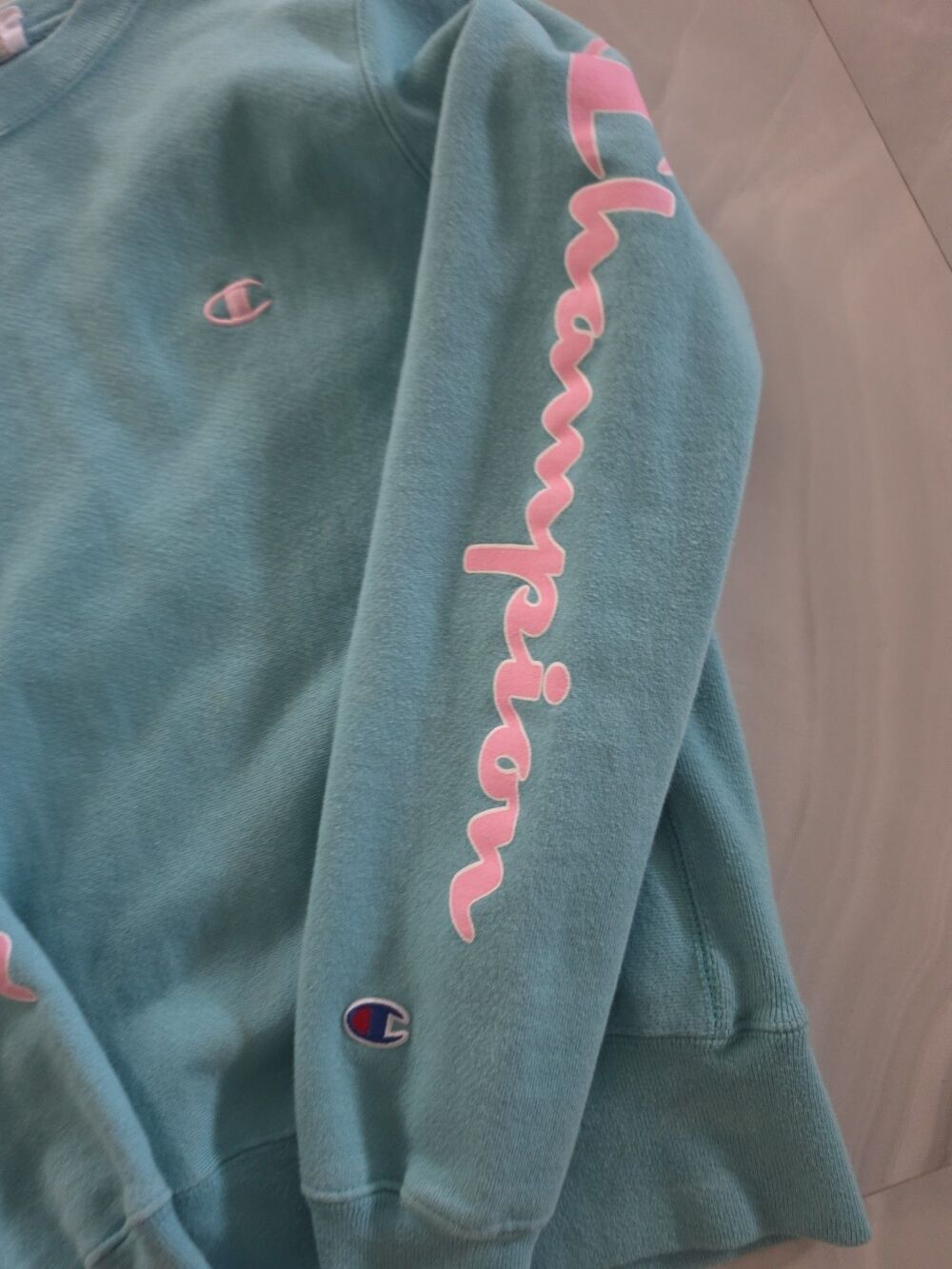Women Champion Reverse Weave Oversized Sweatshirt Teal Green Pink Spellout Sm - Picture 2 of 4